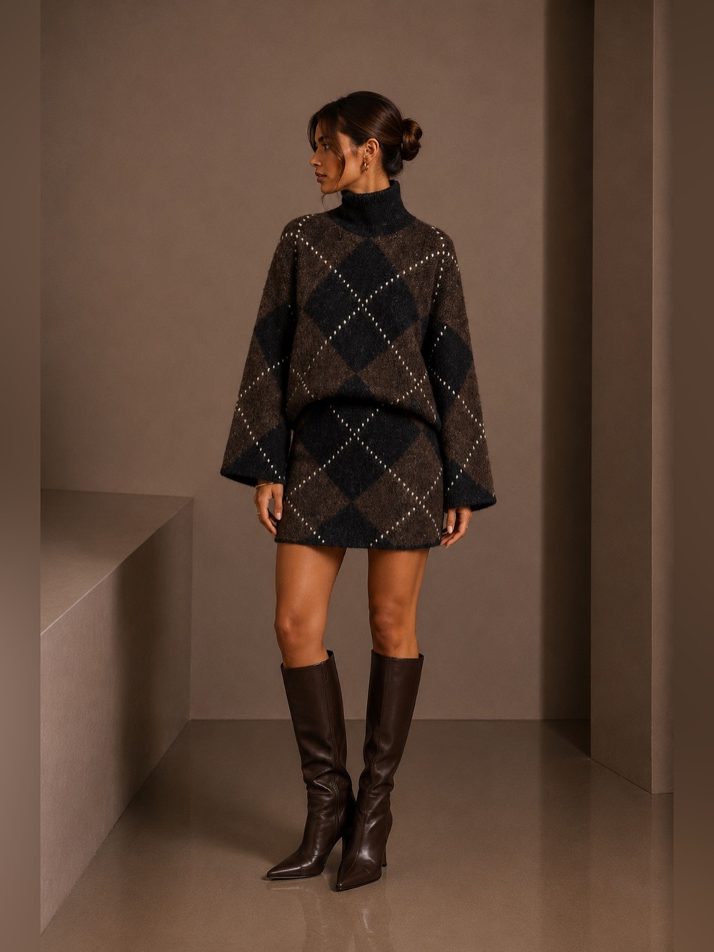 NWT Commense Argyle Wool Blend Sweater Skirt Set 🤎 Size S